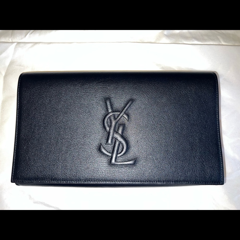 YSL Saint Laurent Calfskin Monogram Large Belle De Jour Clutch Navy
